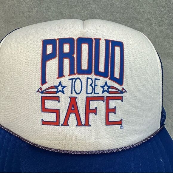 Proud To Be Safe Trucker Hat White Blue Mesh SnapBack Foam Rope Brim Foam Casual - Picture 2 of 9